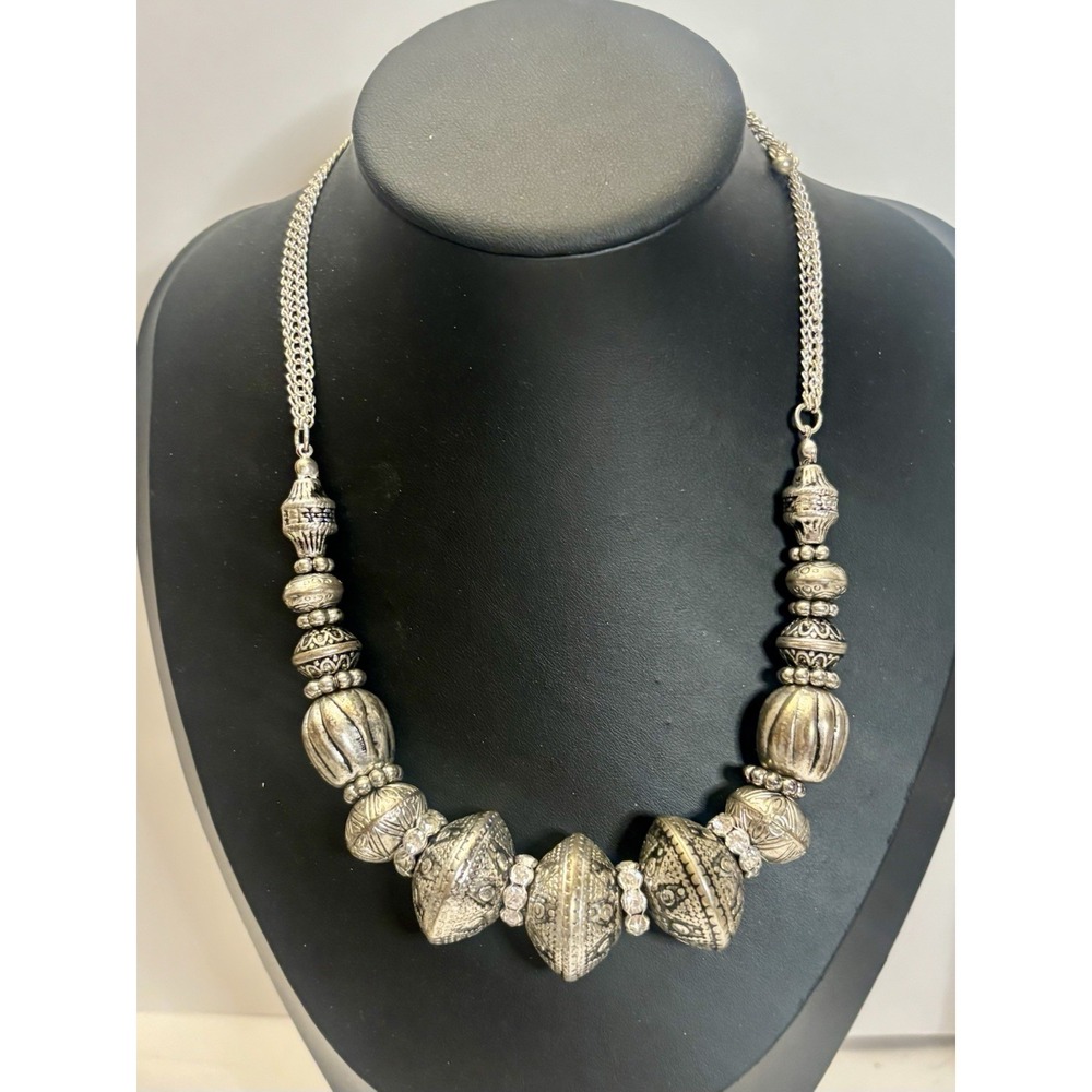 Y2K Statement Necklace Chunky Acrylic Bead Rhinestone Silver Tone 21"